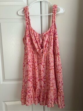 American Eagle Pink Orange Floral Sleeveless Tie Front Ruffle Hem Mini Dress XL